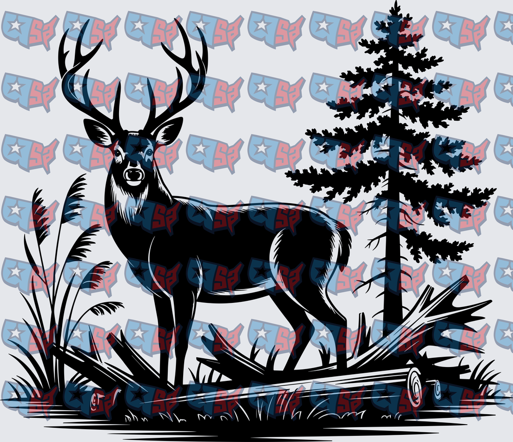Buck Standing in Forest with Pine Tree (DTF)