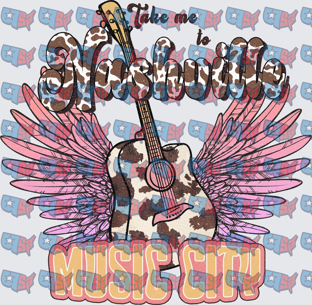 Take Me To Nashville Music City Winged Cow Print Guitar (DTF)