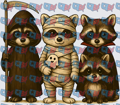 Halloween Raccoons In Costume Trio (DTF)