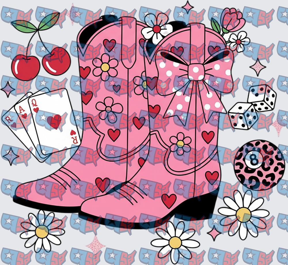 Pink Cowboy Boots Hearts Bow Coquette Floral (DTF)