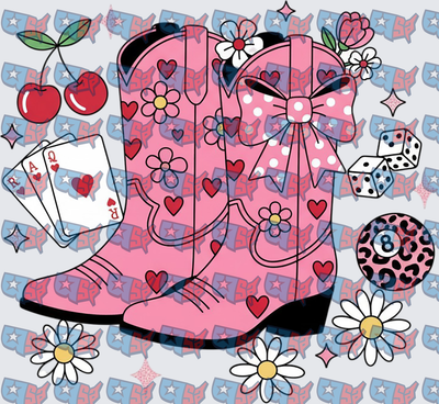 Pink Cowboy Boots Hearts Bow Coquette Floral (DTF)