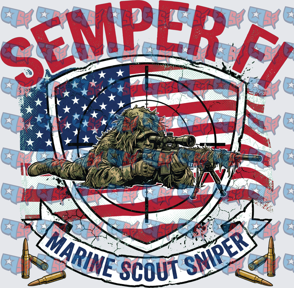 Semper Fi Marine Scout Sniper American Flag Shield (DTF)