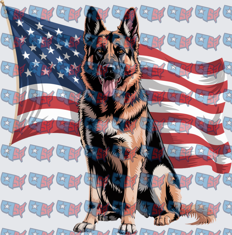 Patriotic German Shepherd Sitting With American Flag (DTF)