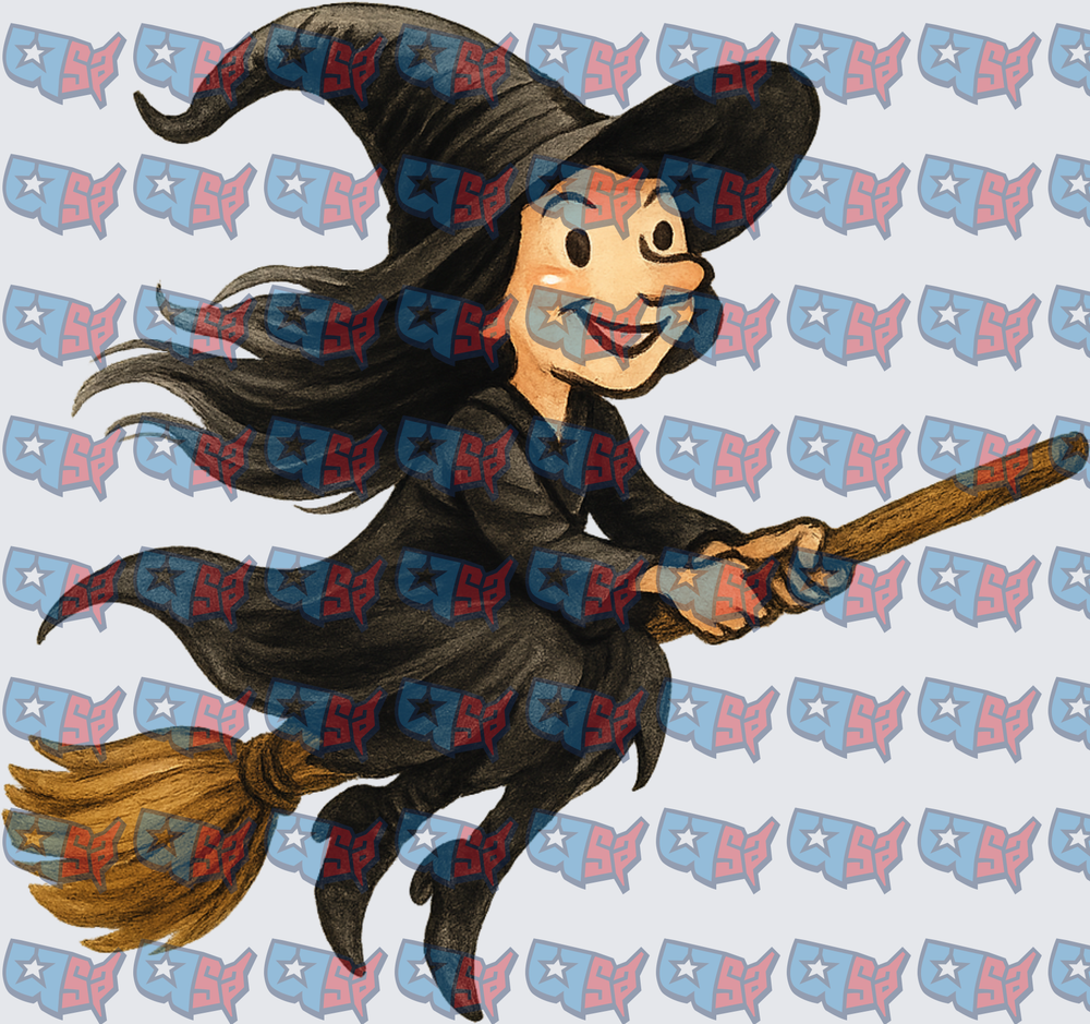 Cartoon Witch Flying on Broomstick Halloween (DTF)