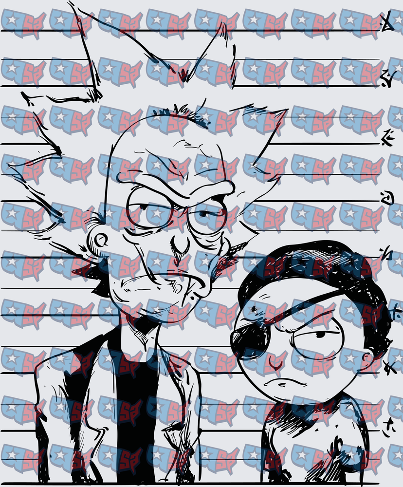 Crazy Mad Scientist and Young Boy Mugshot Sketch (DTF)
