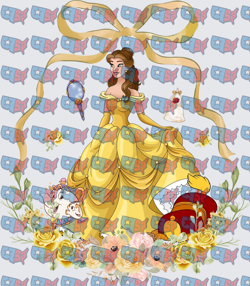 Belle Yellow Gown Mrs Potts Floral Bow Design (DTF)