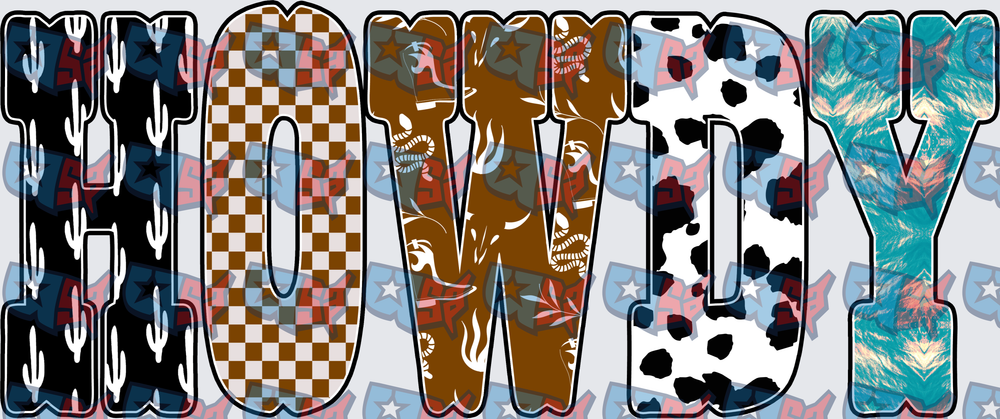 Howdy Western Patchwork Cactus Cow Print Letters (DTF)