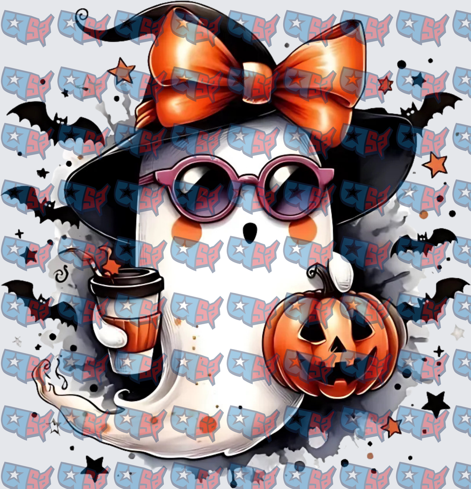 Cute Ghost Witch With Coffee And Jack-O-Lantern (DTF)