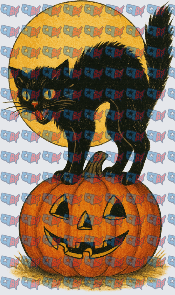 Vintage Halloween Black Cat on Jack-O-Lantern Moon (DTF)