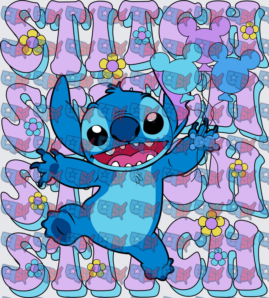 Happy Blue Alien With Mickey Balloons Retro Floral (DTF)