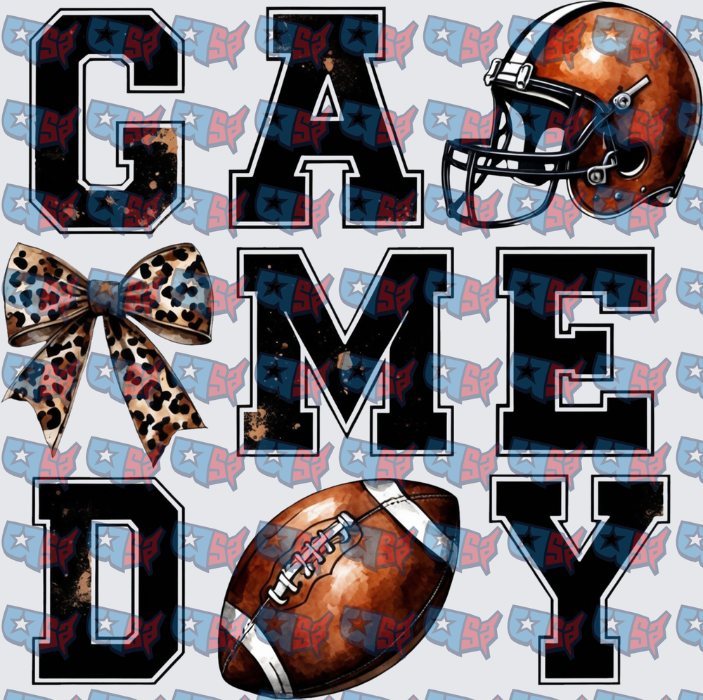 Game Day Football Helmet Leopard Bow Letters (DTF)