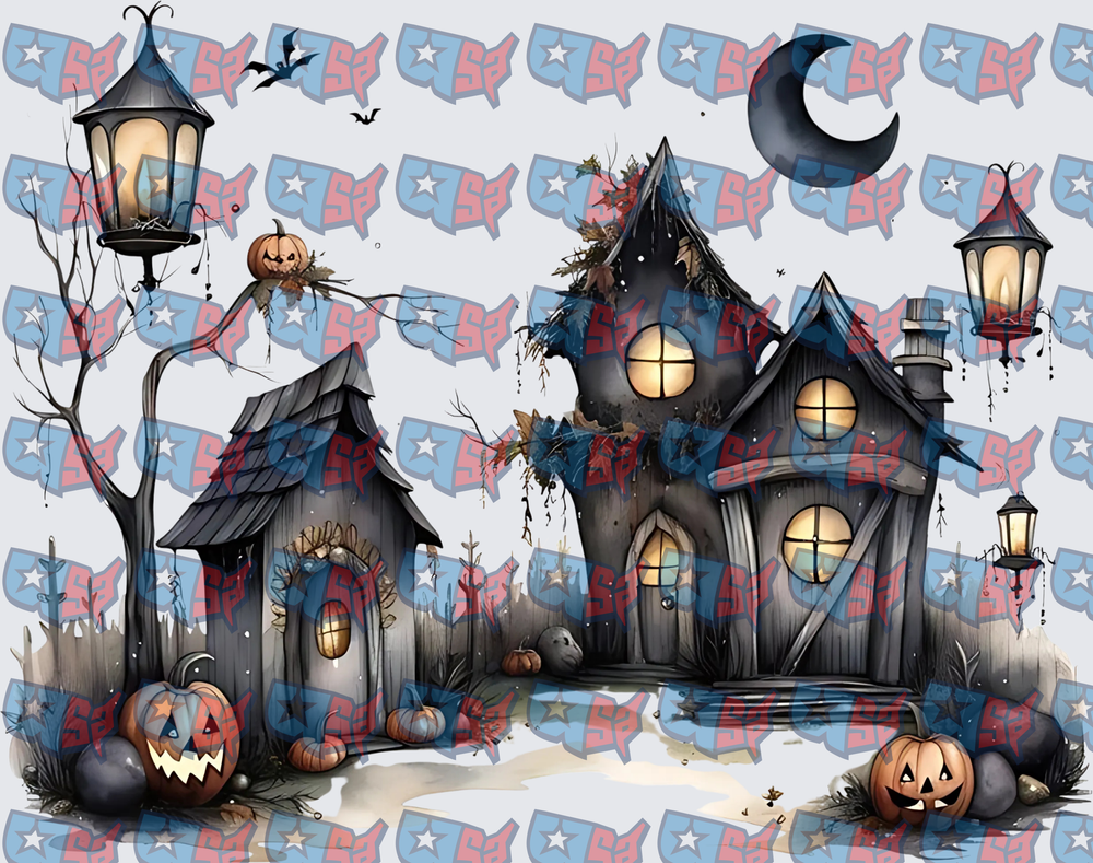 Spooky Halloween Haunted Houses Crescent Moon Scene (DTF)