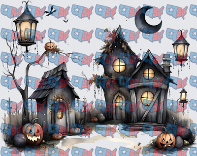 Spooky Halloween Haunted Houses Crescent Moon Scene (DTF)