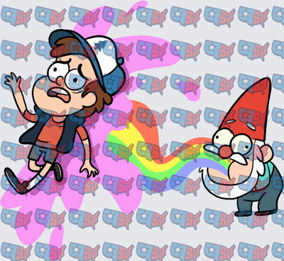 Boy In Cap Fleeing Rainbow-Blasting Gnome (DTF)
