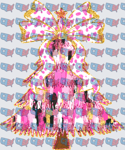 Pink Glitter Christmas Tree Gold Bow Star Topper (DTF)