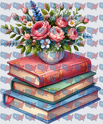 Floral Bouquet Vase Stacked Vintage Books (DTF)