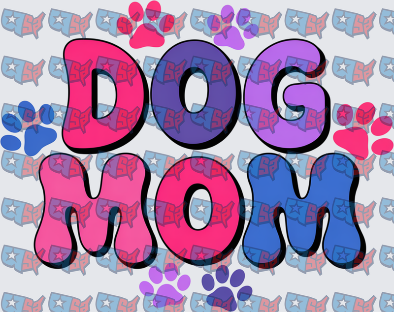 Colorful Dog Mom Bold Bubble Letters Paw Prints (DTF)