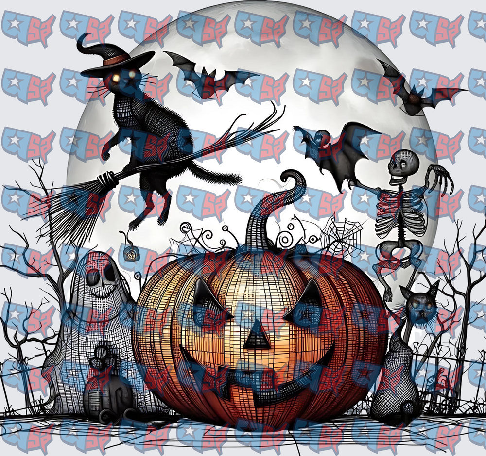 Spooky Halloween Scene with Witch Cat Moon Pumpkin (DTF)