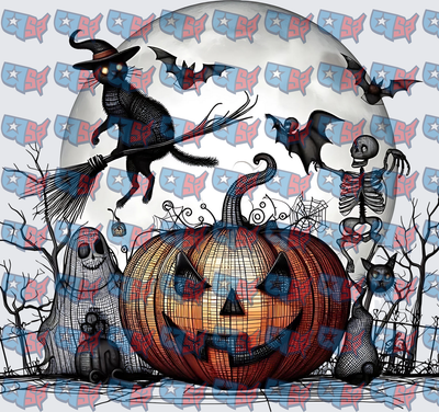Spooky Halloween Scene with Witch Cat Moon Pumpkin (DTF)
