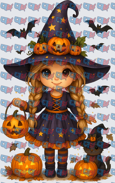 Cute Little Witch Girl with Jack-O-Lanterns and Black Cat (DTF)