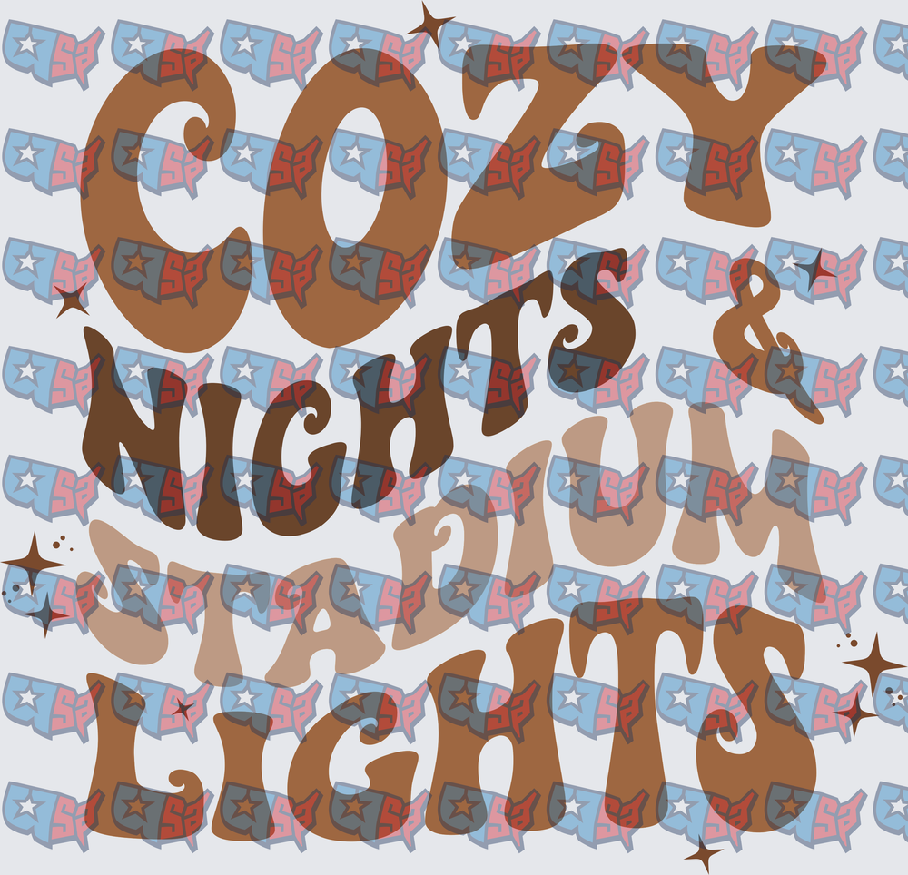 Cozy Nights & Stadium Lights Retro Groovy Text (DTF)