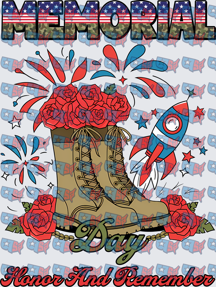 Memorial Day Honor And Remember Military Boots Roses (DTF)