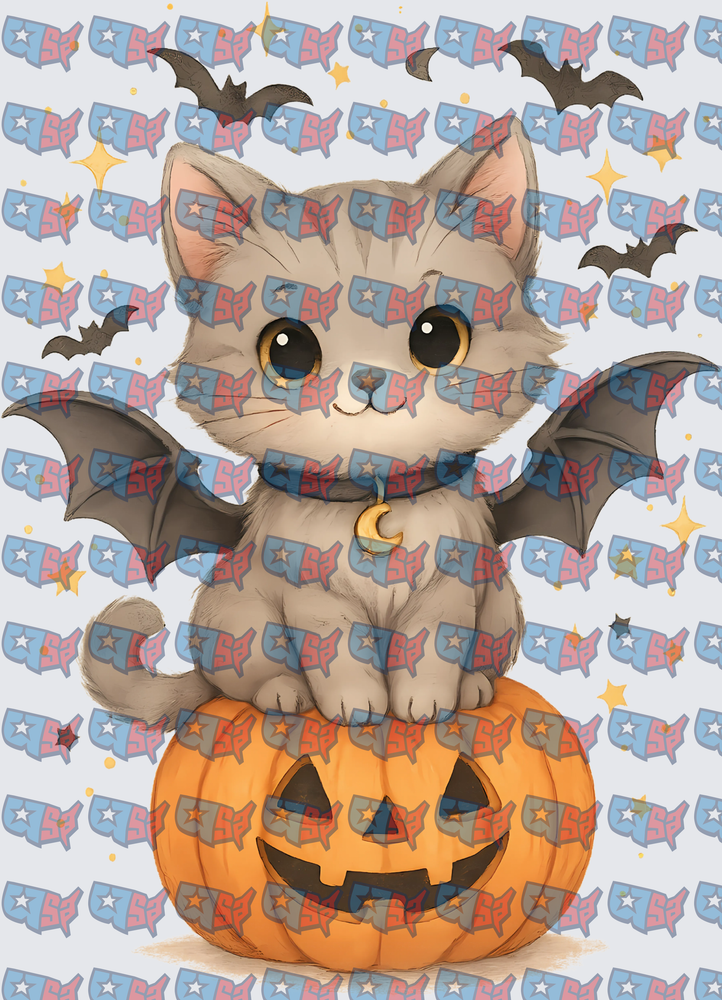 Cute Gray Kitten Bat Wings Halloween Pumpkin (DTF)
