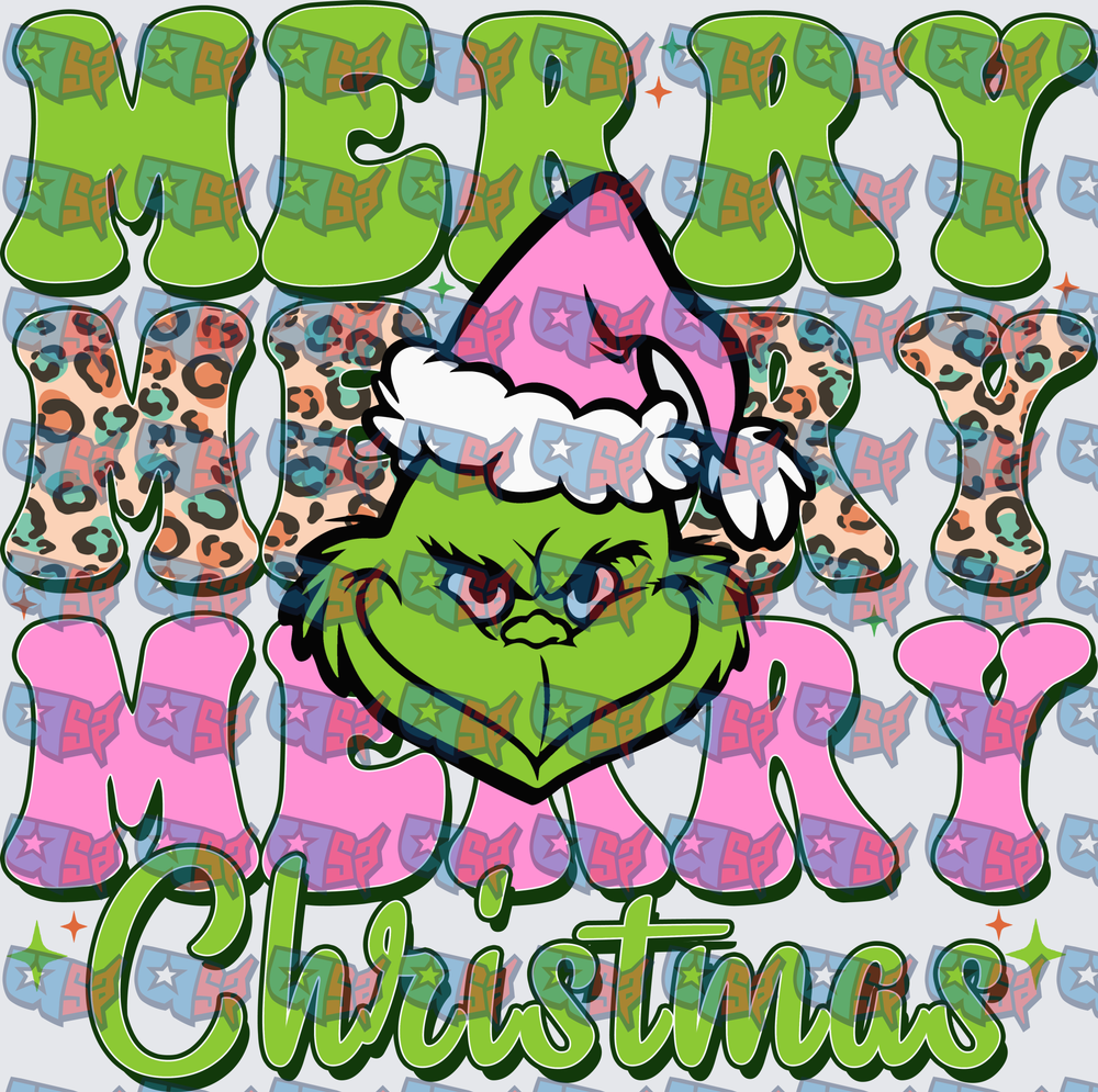 Merry Merry Merry Christmas Grumpy Green Creature Pink Santa Hat Leopard Print Retro (DTF)