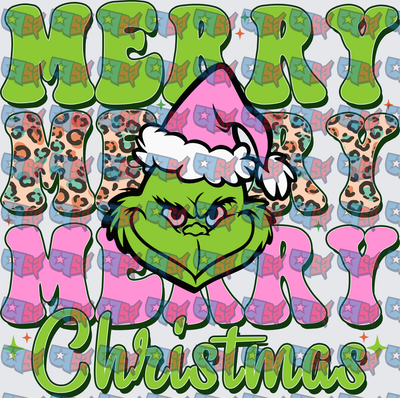 Merry Merry Merry Christmas Grumpy Green Creature Pink Santa Hat Leopard Print Retro (DTF)