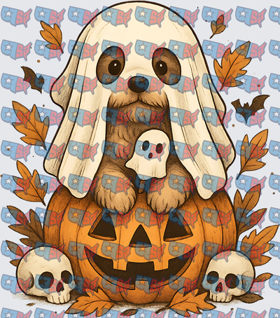 Ghost Dog Halloween Pumpkin With Skulls (DTF)