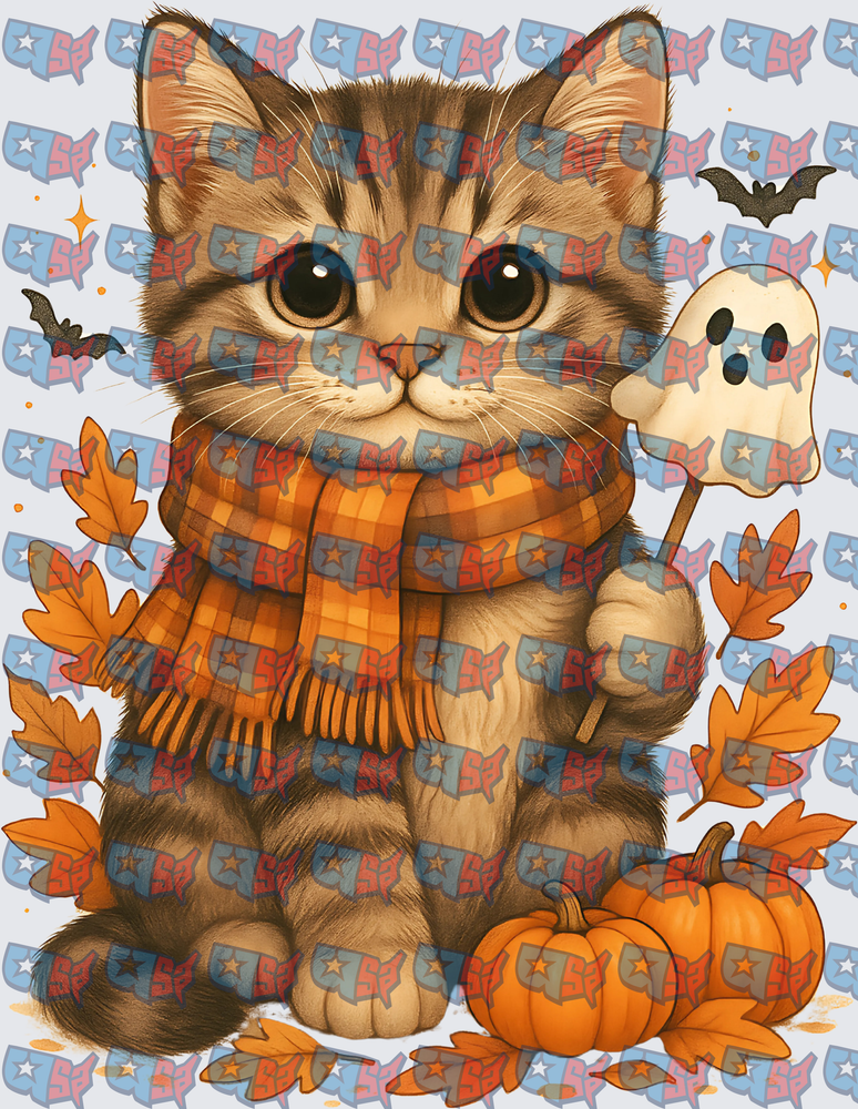 Cute Tabby Kitten Halloween Scarf Pumpkin Ghost (DTF)