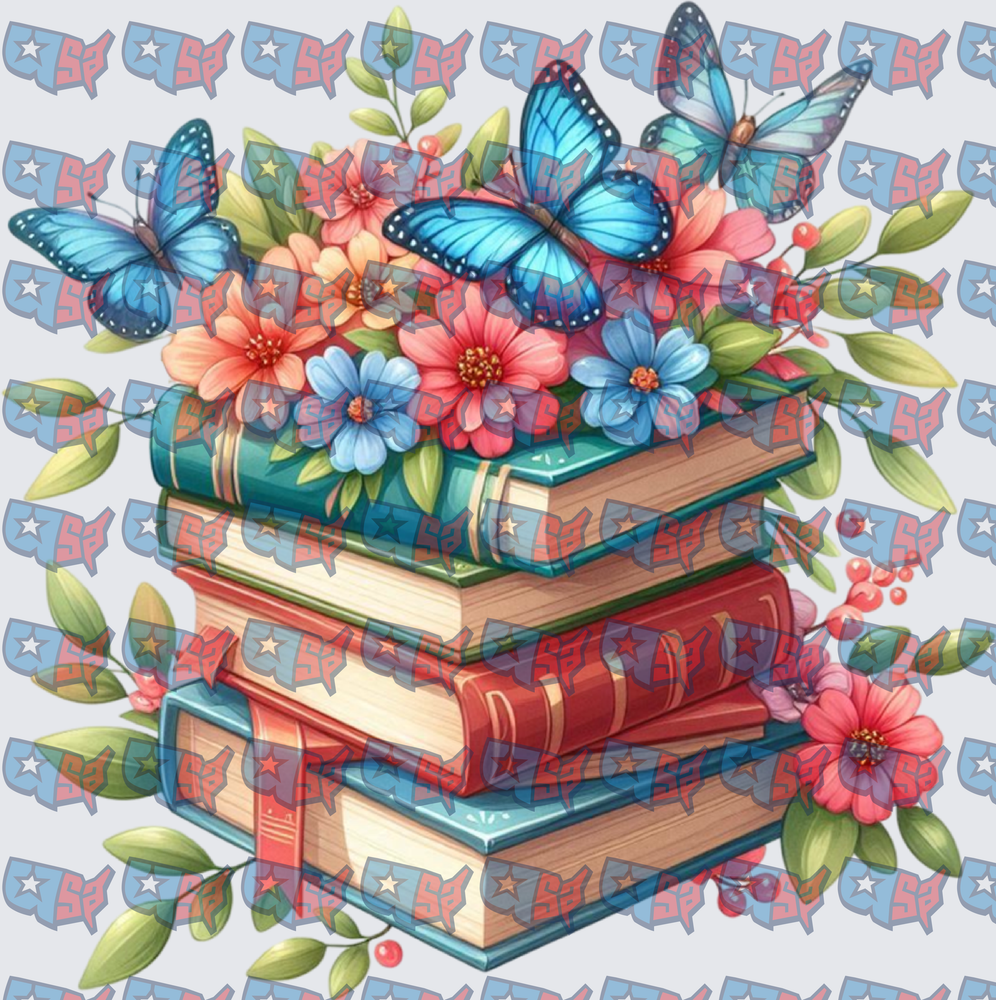 Stacked Books Floral Arrangement Blue Morpho Butterflies (DTF)