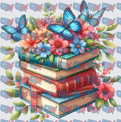 Stacked Books Floral Arrangement Blue Morpho Butterflies (DTF)