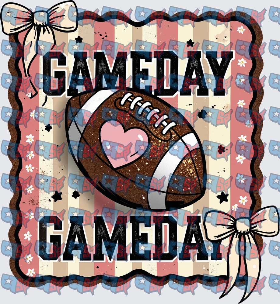Gameday Football Heart Bow Striped Glitter Design (DTF)