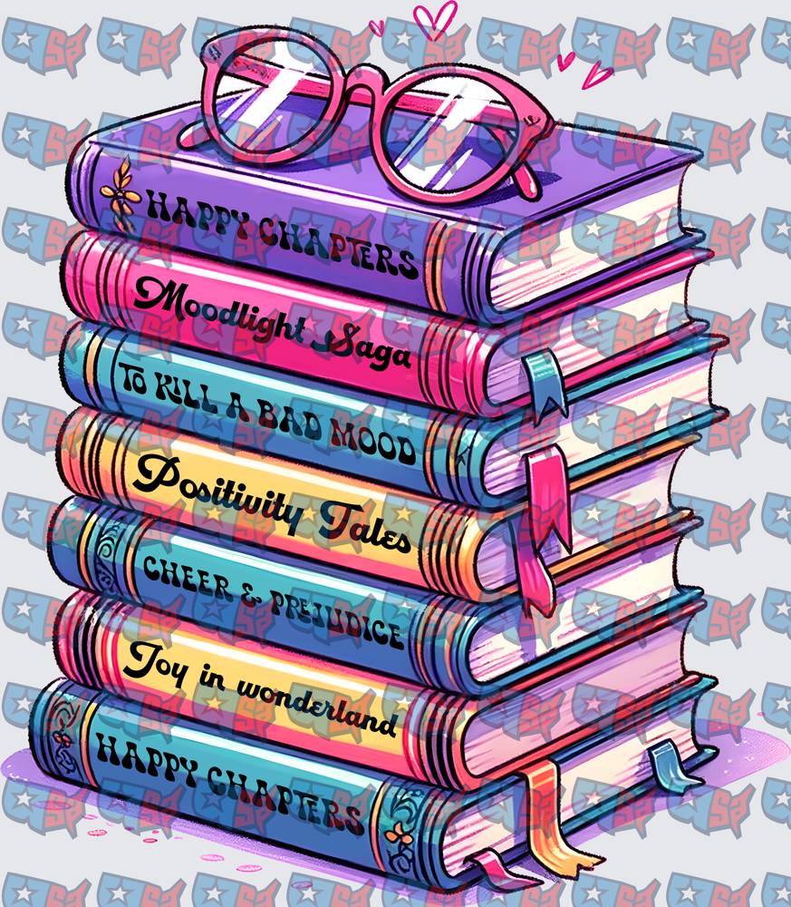 Colorful Stacked Books With Pink Glasses Happy Chapters (DTF)