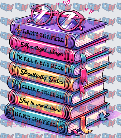 Colorful Stacked Books With Pink Glasses Happy Chapters (DTF)