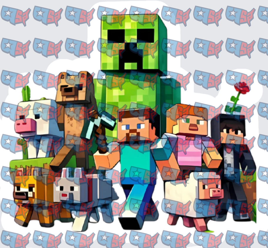 Blocky Game Characters Creeper Steve Group Scene (DTF)