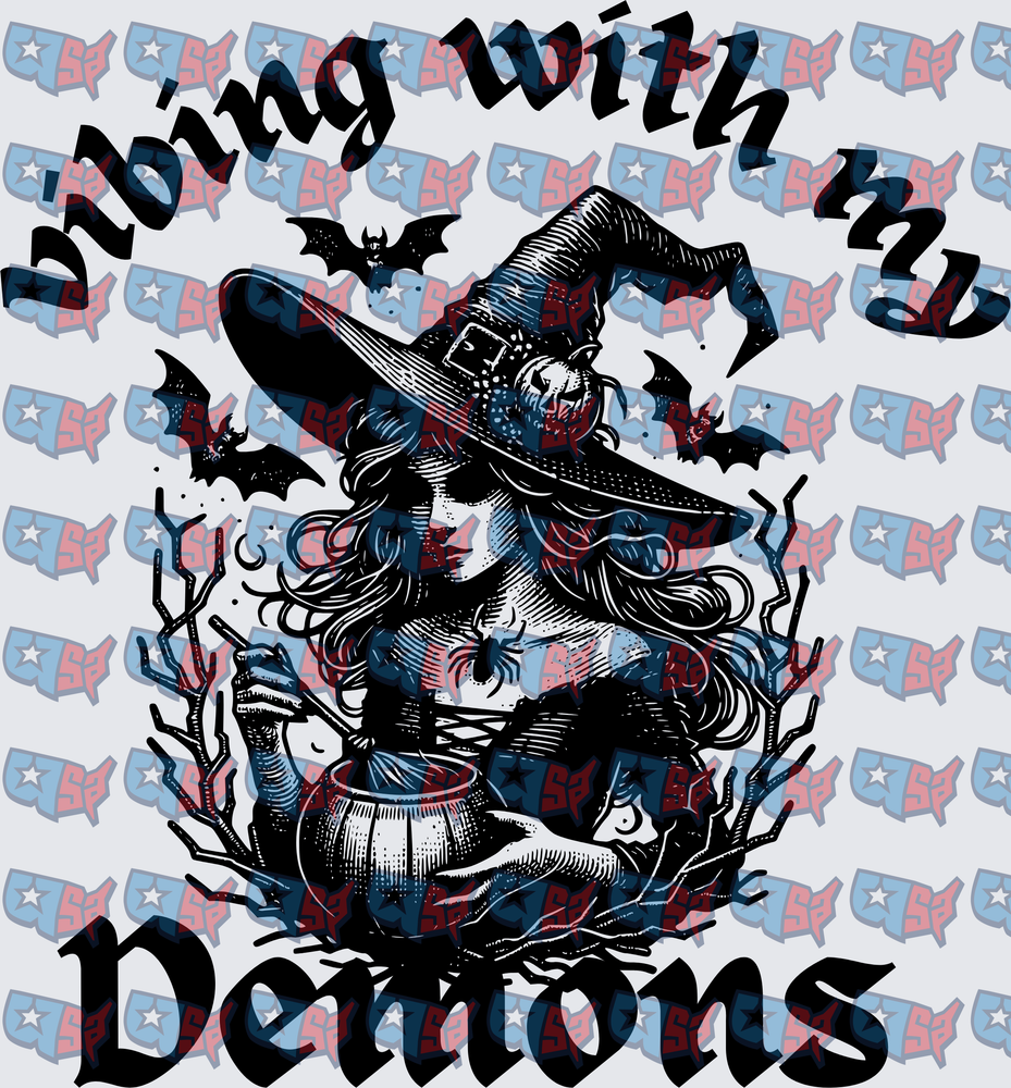 Riding With My Demons Gothic Witch Cauldron Bats (DTF)