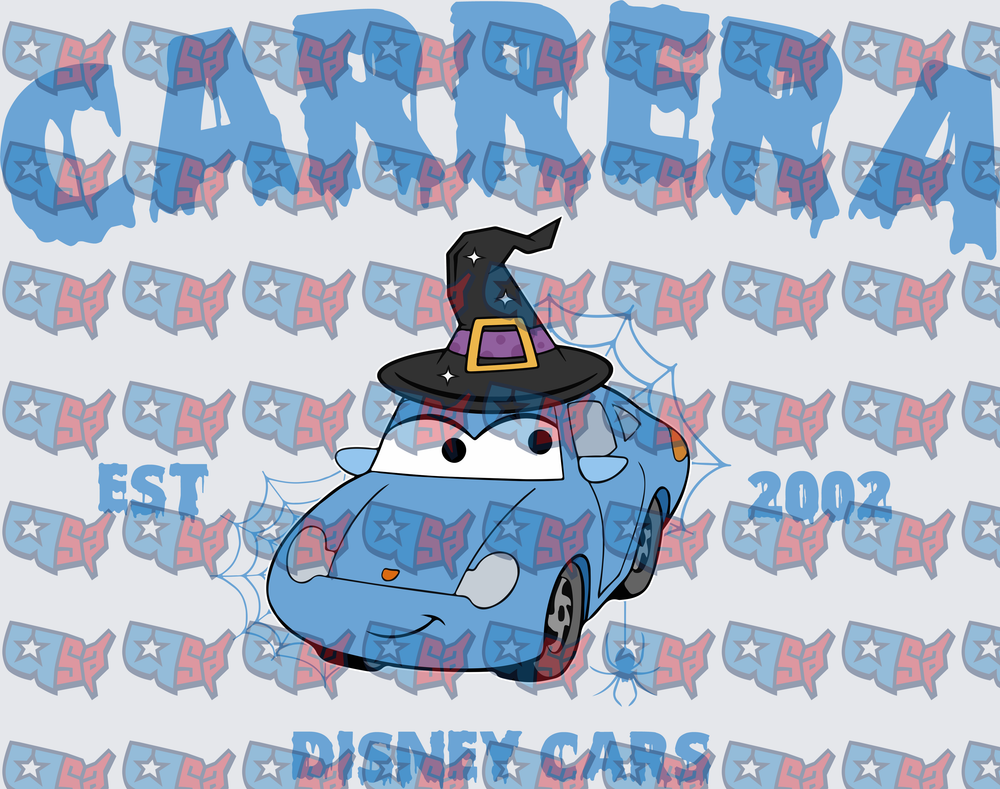 Blue Animated Car Wearing Halloween Witch Hat (DTF)
